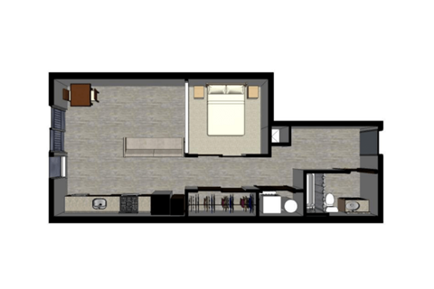 Floor plan for studio, 1 bath, 535 sqft